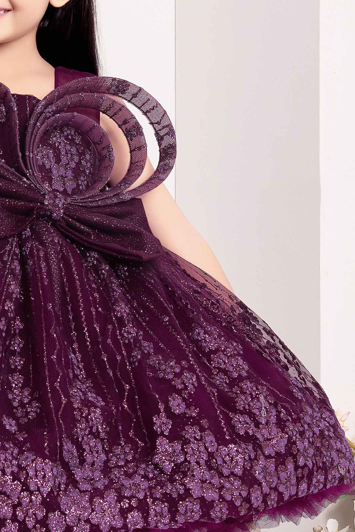 Wine Frock With Bow Embellished And Shimmer Printed For Girls