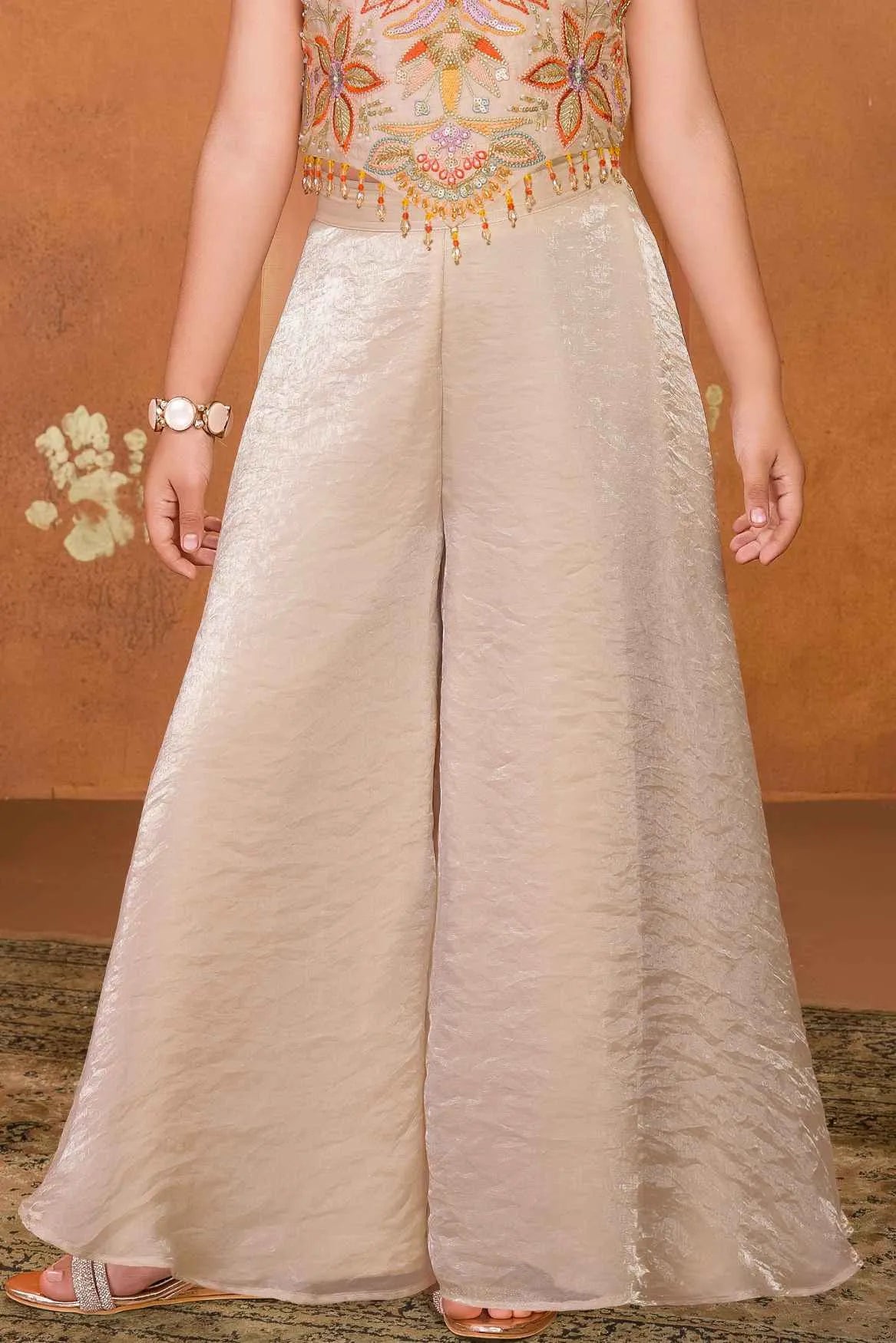 Cream Embroidered Palazzo Set For Girls