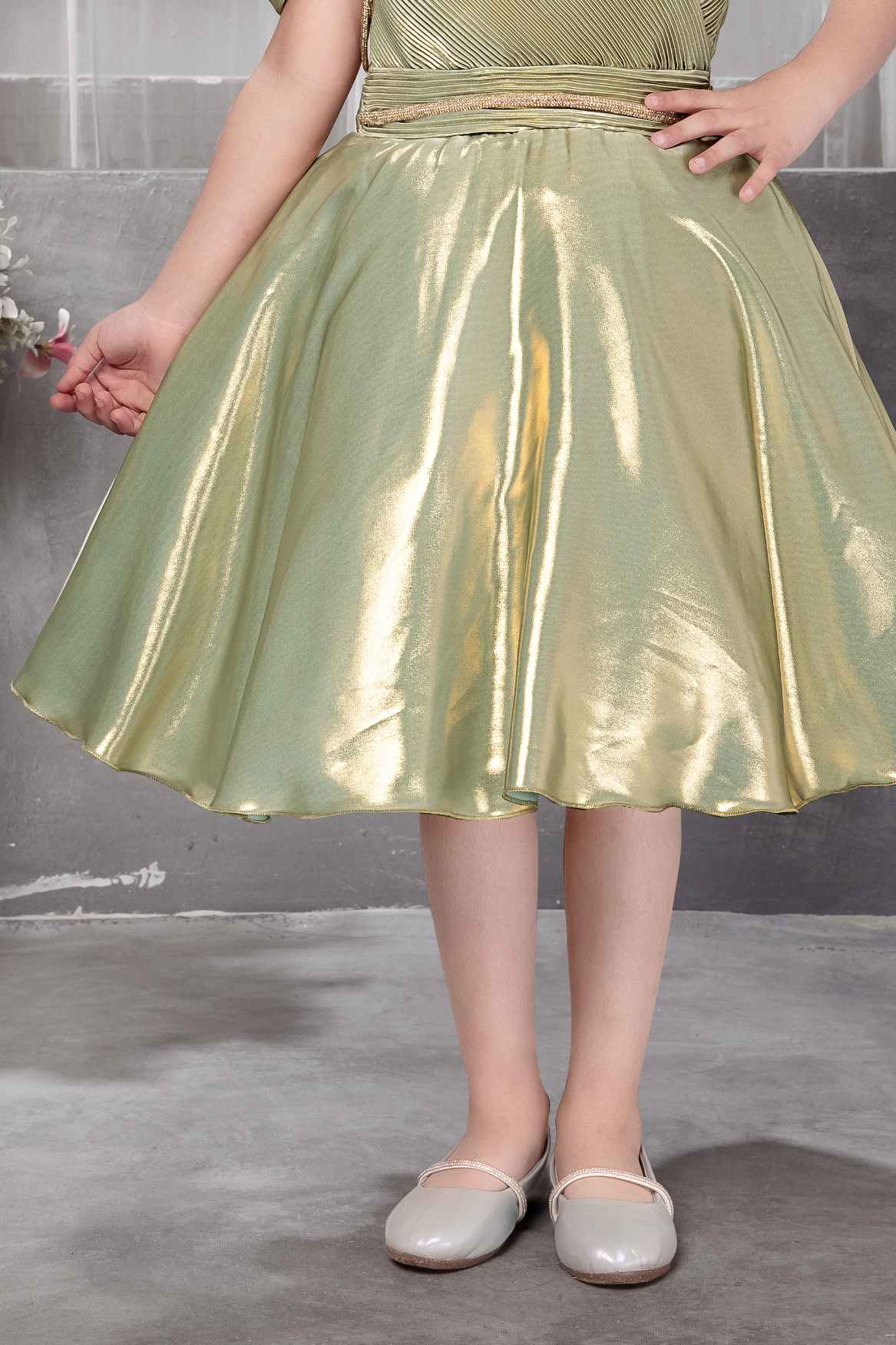 Shimmery Green One-Shoulder Party Wear Frock With Draped Detail For Girls