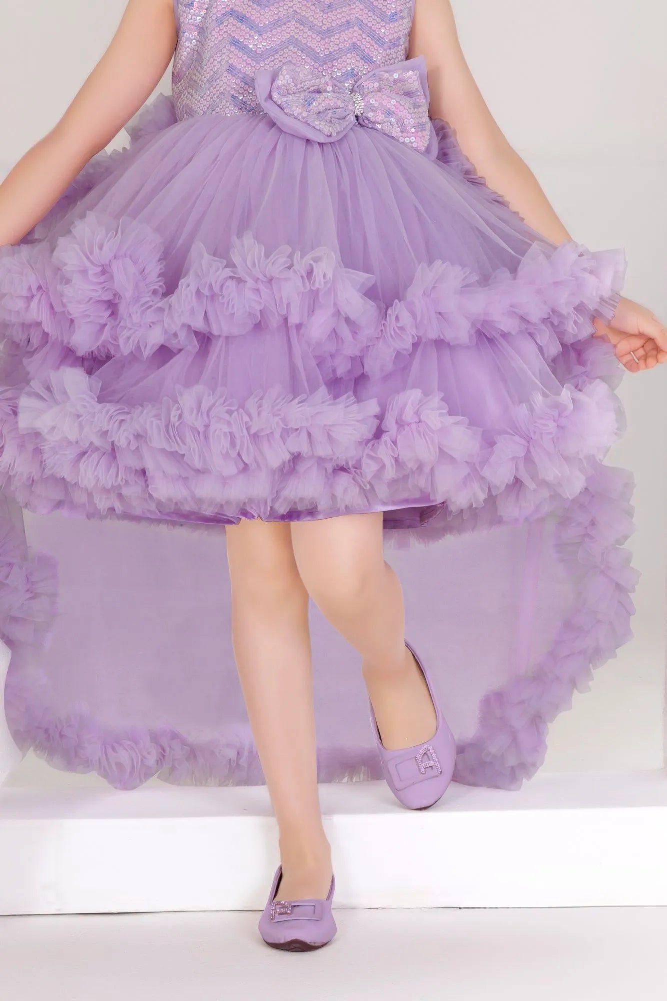 Lavender Sequin Bow With High-Low Ruffle Party Frock For Girls
