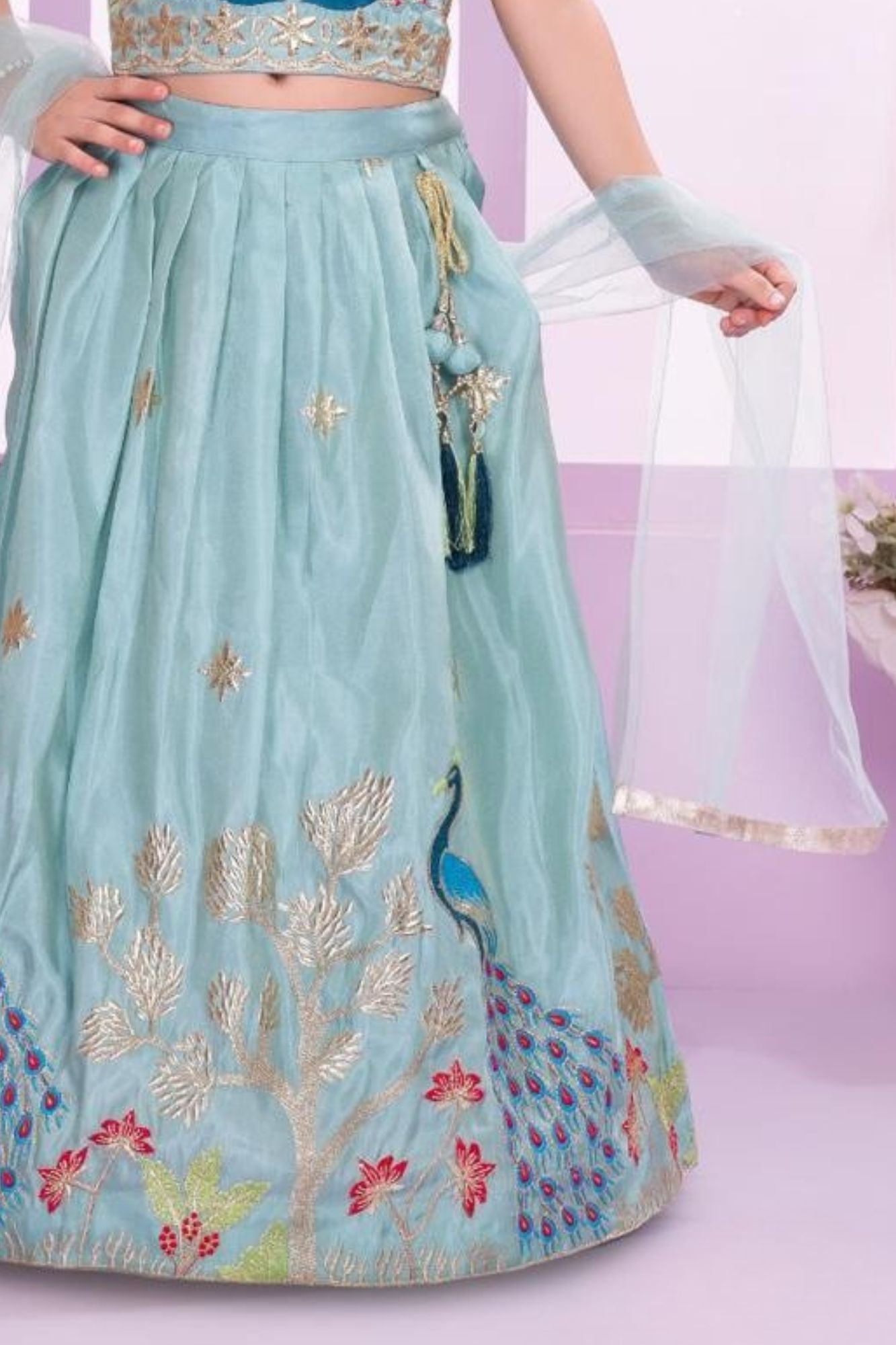 Elegant Aqua Blue Embroidered Lehenga Choli with Dupatta For Girls