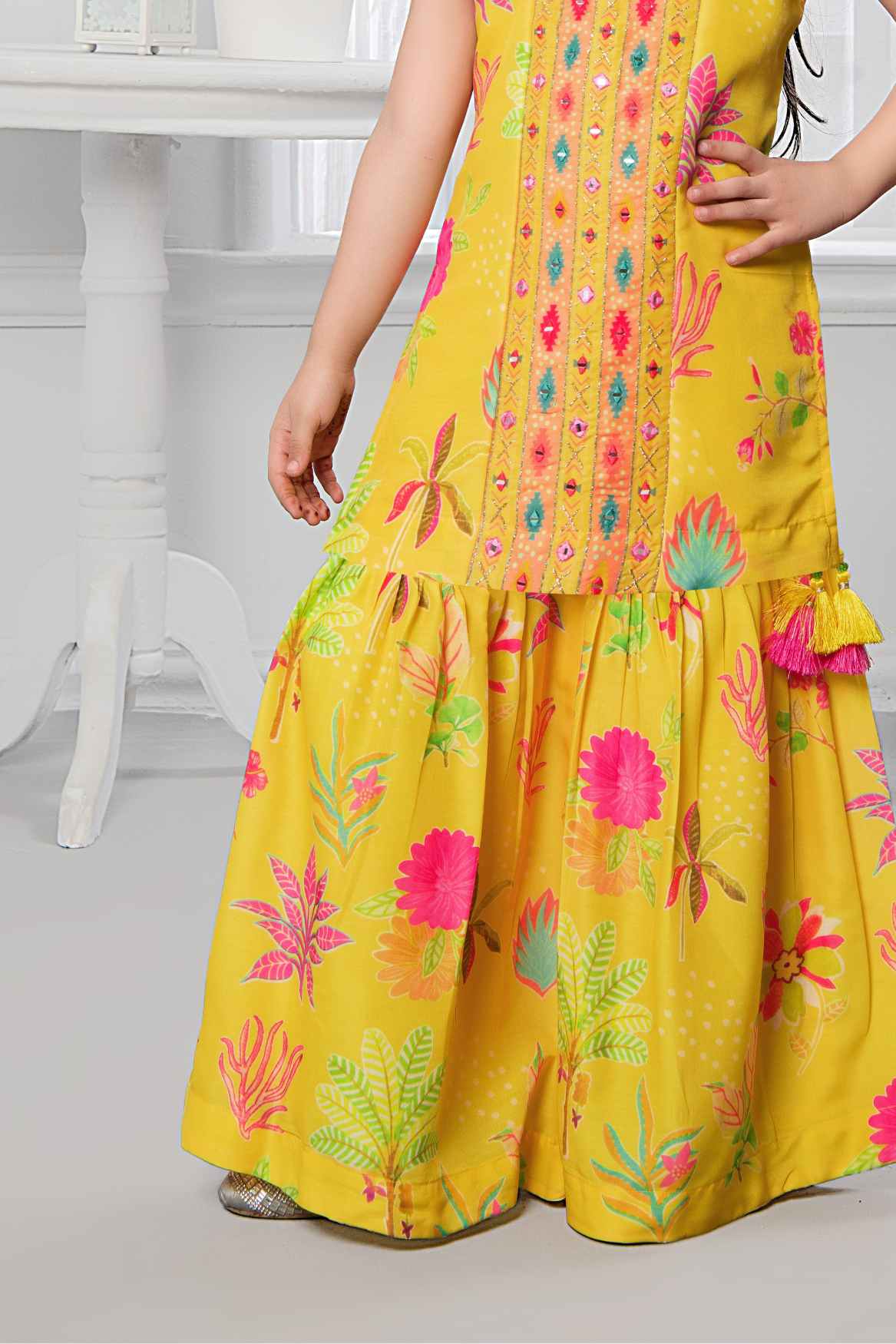 Mustard Floral Printed And Mirror Work Sharara Set For Girls