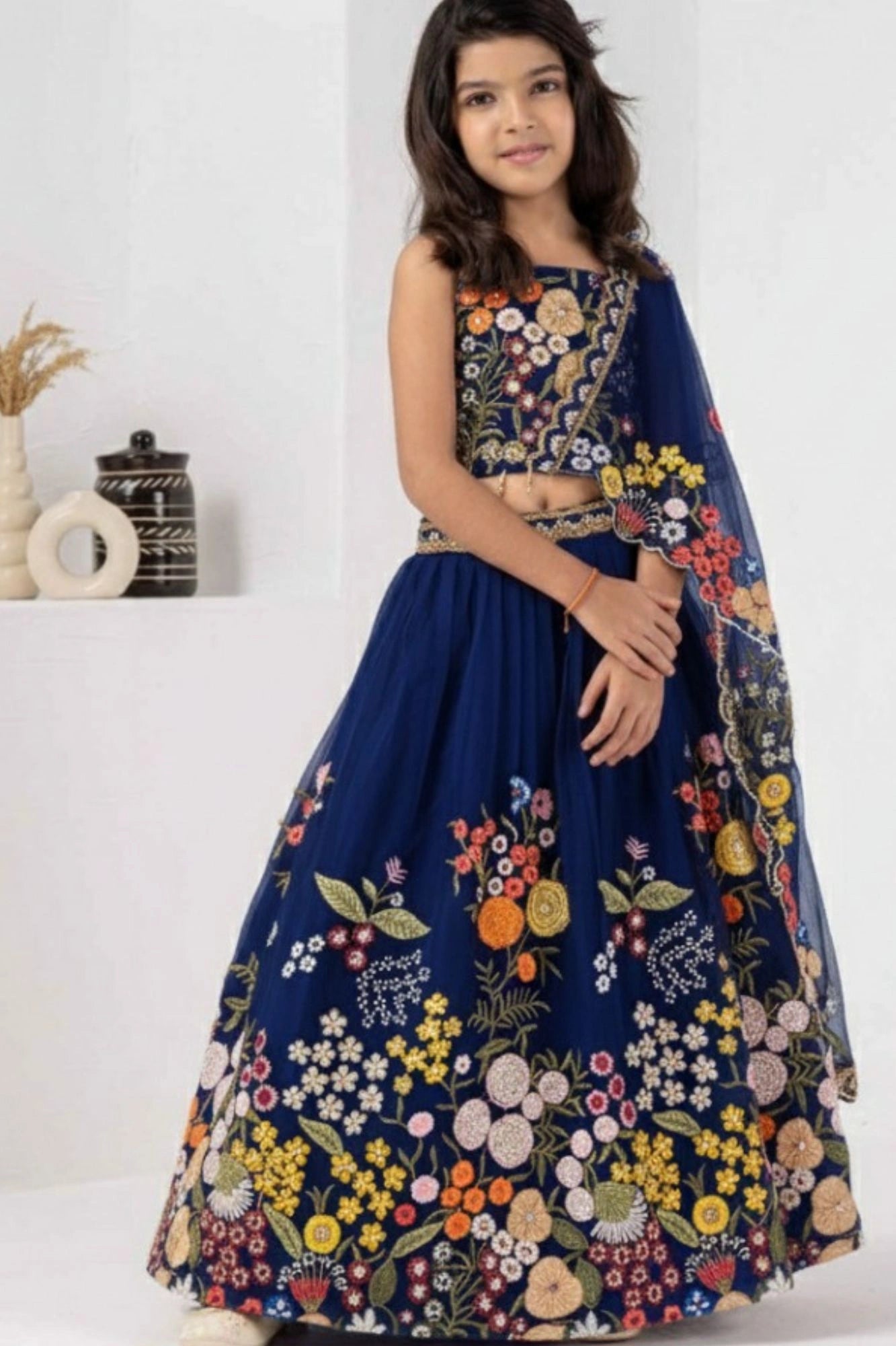 Elegant Navy Blue Embroidered Lehenga Choli with Dupatta For Girls