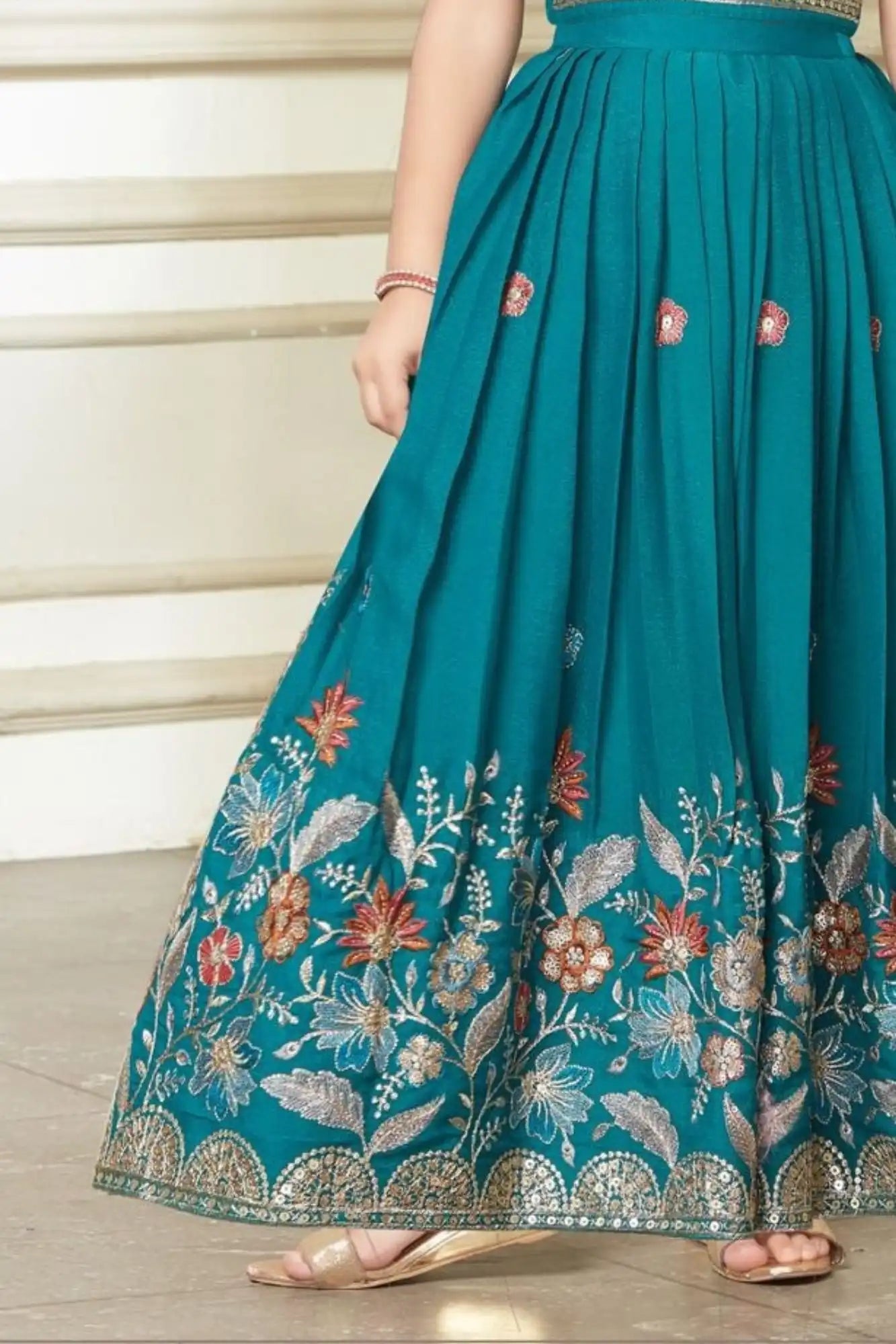 Teal Blue Floral Embroidered Ethnic Lehenga Choli for Girls