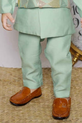 Pista Green Full Sleeve Kurta Set With Sequins Worked Waist Coat For Boys