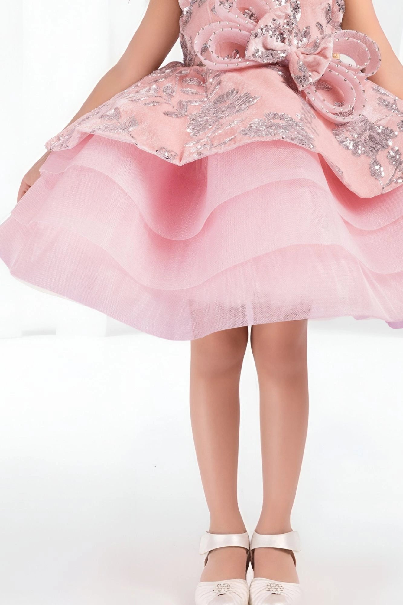Blush Pink Layered Party Frock with 3D Floral Bow For Girls