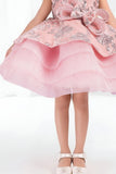 Blush Pink Layered Party Frock with 3D Floral Bow For Girls