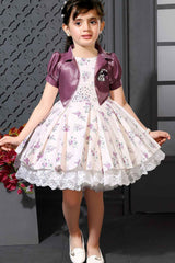 Cream Printed Frock With Puffed Sleeves Overcoat For Girls