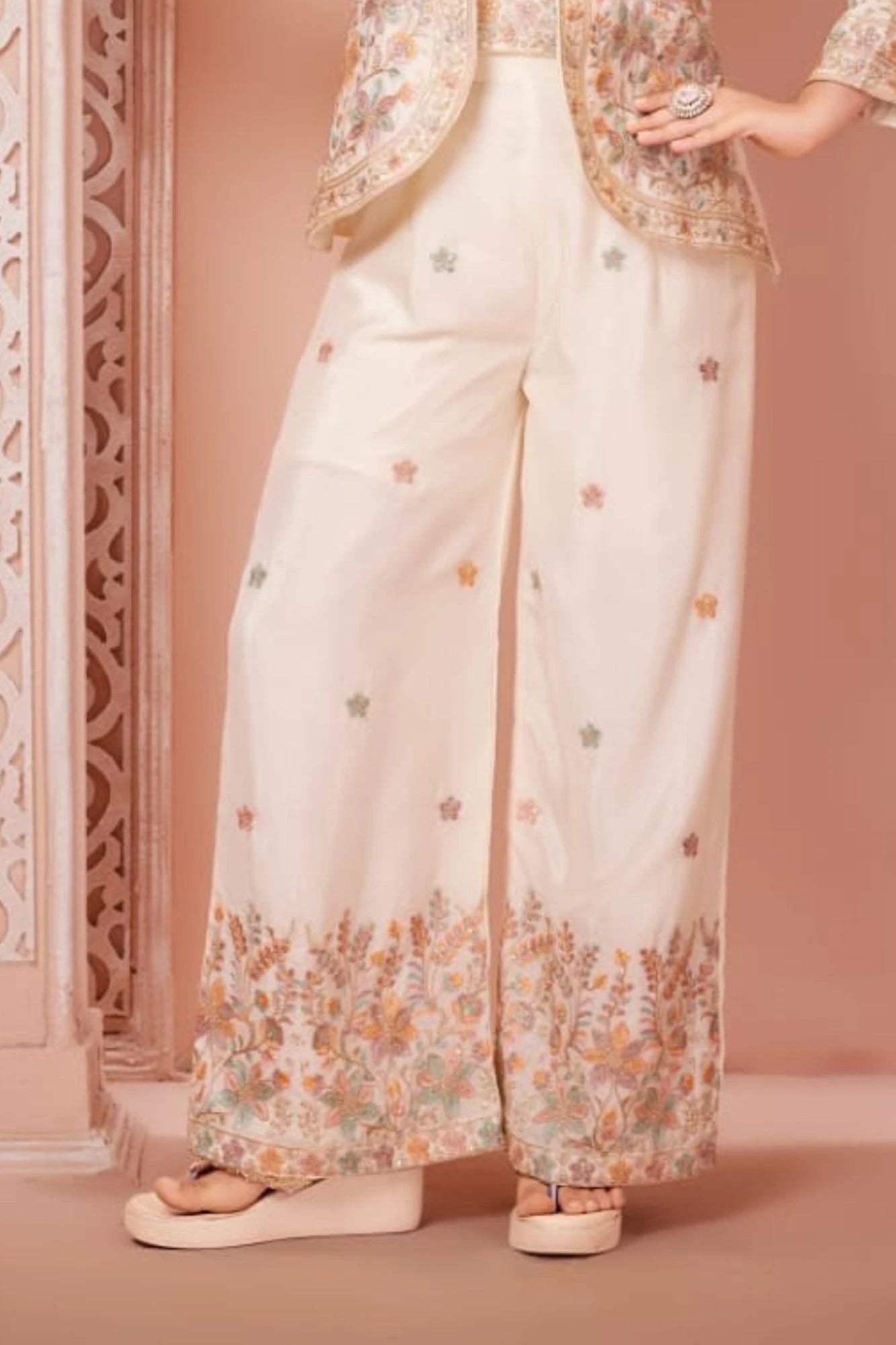Cream Floral Embroidered Ethnic Co-Ord Set with Jacket for Girls