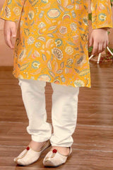 Mustard Yellow Floral Printed Kurta And White Pant Set For Boys