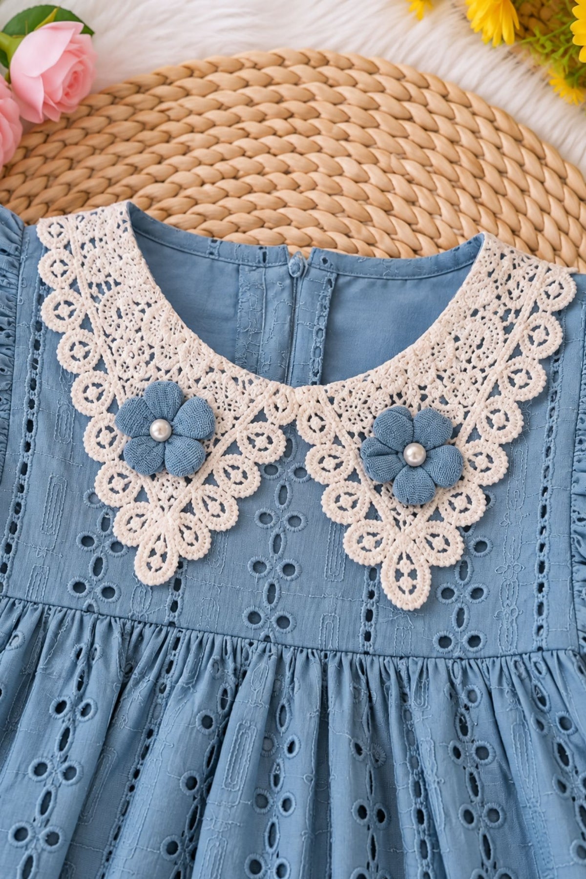 Girls Blue Lace Collar Floral Applique Yoke Frock
