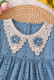 Girls Blue Lace Collar Floral Applique Yoke Frock