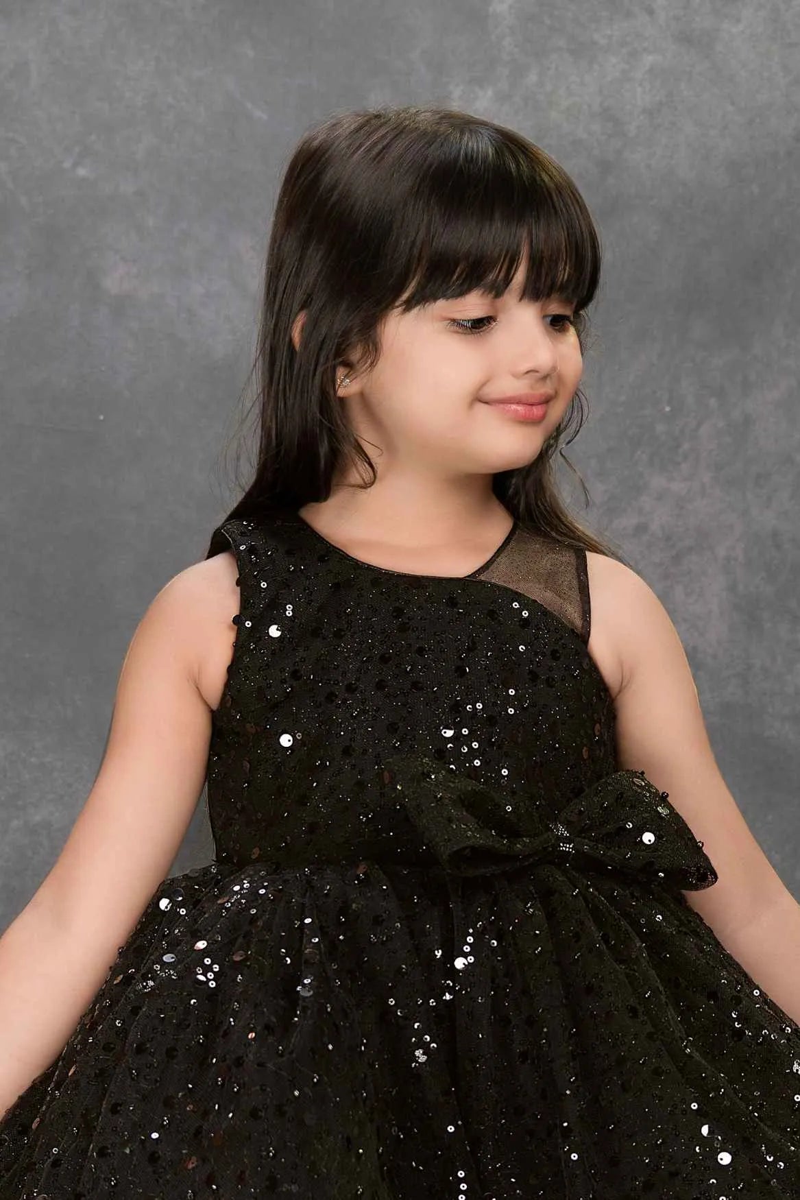 Black Sequin Party Frock With Bow Detail For Girls