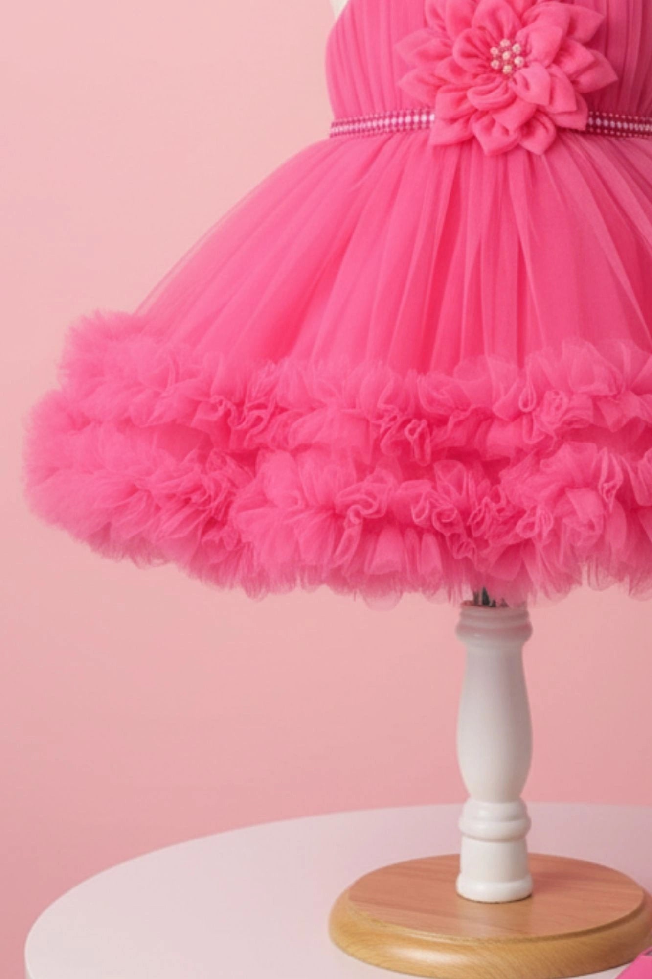 Pink Net Party Wear Frock with 3D Flower & Ruffle Hem For Girls