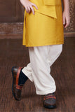 Mustard Yellow Asymmetric Kurta Set with White Pajama For Boys