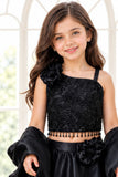 Black Sequin One-Shoulder Organza Lehenga Set For Girls