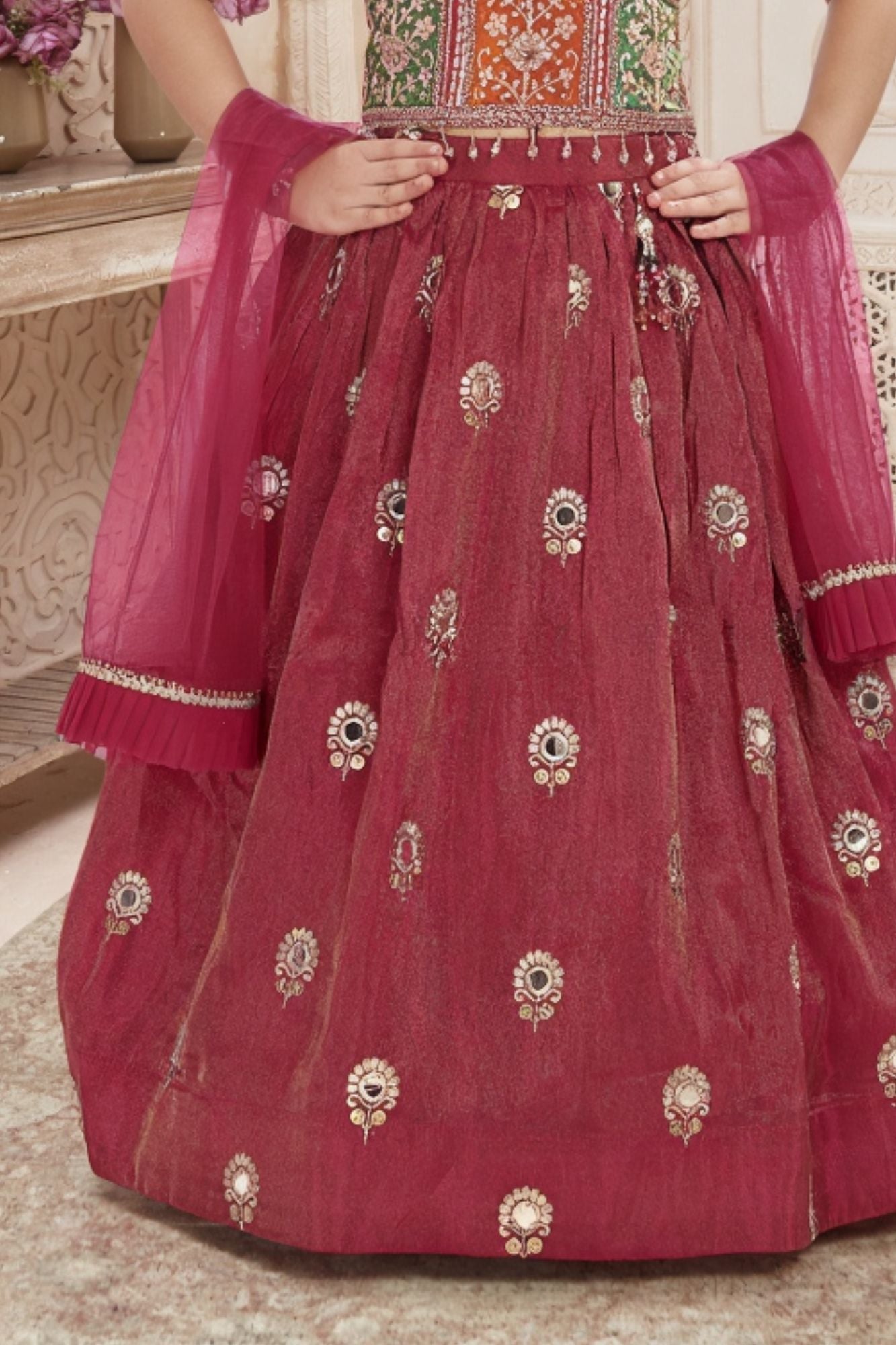Pink Embroidered Lehenga Choli Set for Girls