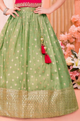 Rani Pink And Green Embroidered Pattu Pavadai Set For Girls