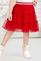 Red Skirt With White Stone Work Top Party Set For Girls