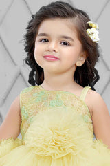 Lemon Yellow Tailback Frock With Floral Embellishment For Girls