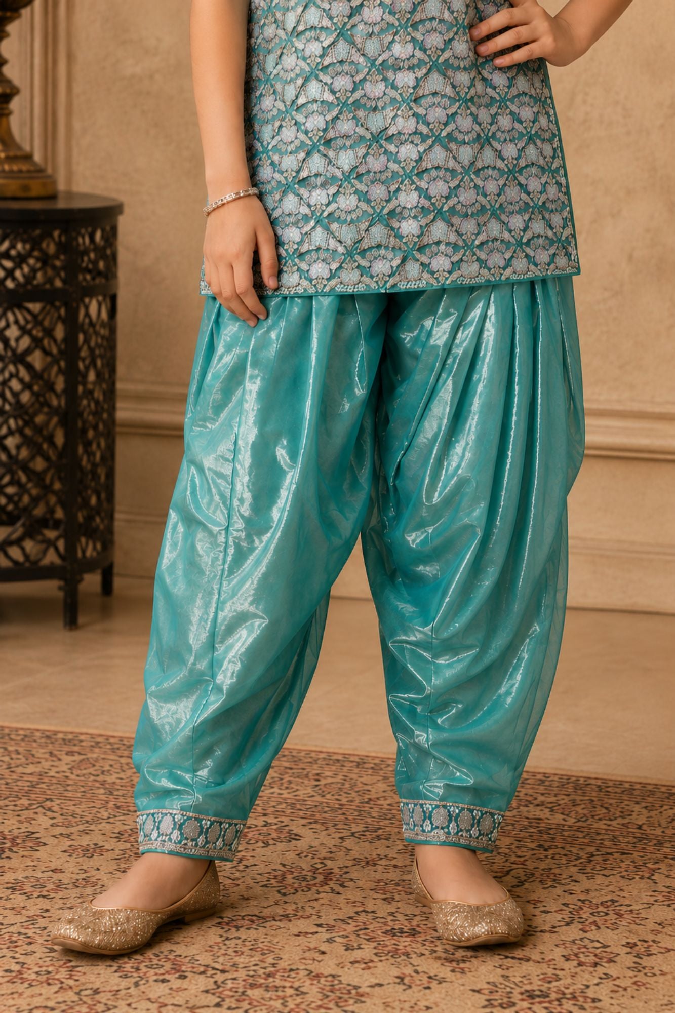 Aqua Blue Embroidered Patiala Set with Dupatta For Girls