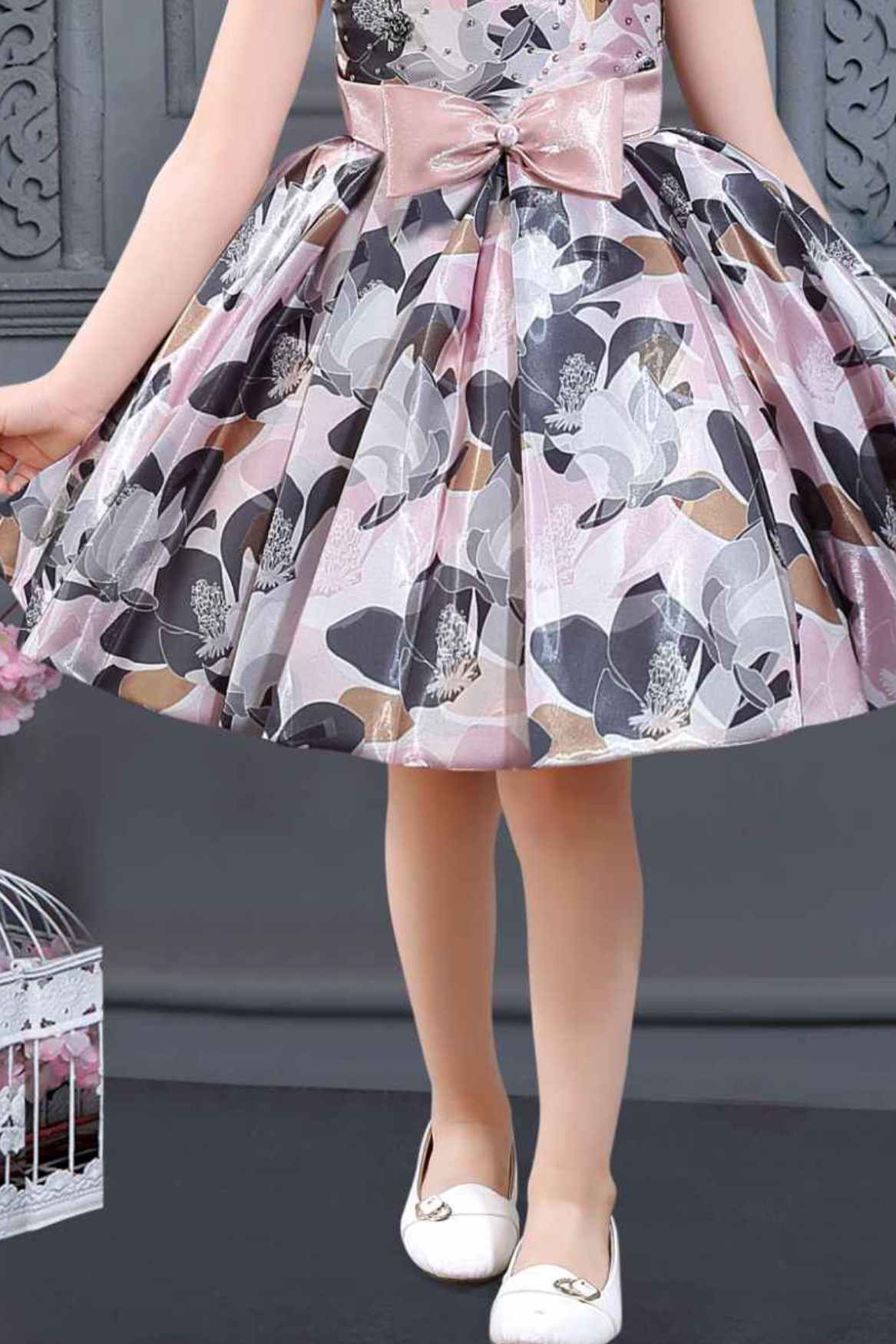 Floral Printed Black And Pink Satin Partywear Frock For Girls