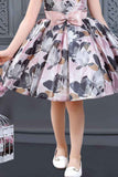 Floral Printed Black And Pink Satin Partywear Frock For Girls