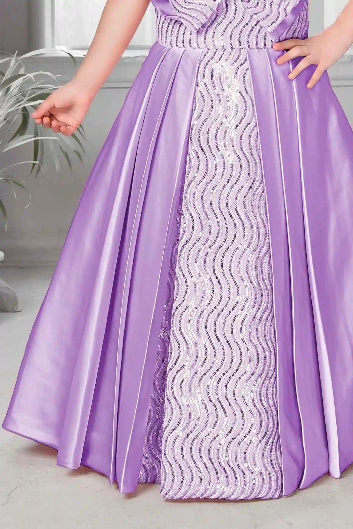 Lavender Sequin Gown With Puff Sleeves And Oversized Bow For Girls