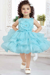 Blue Multilayered Frock With Floral Embellished For Girls