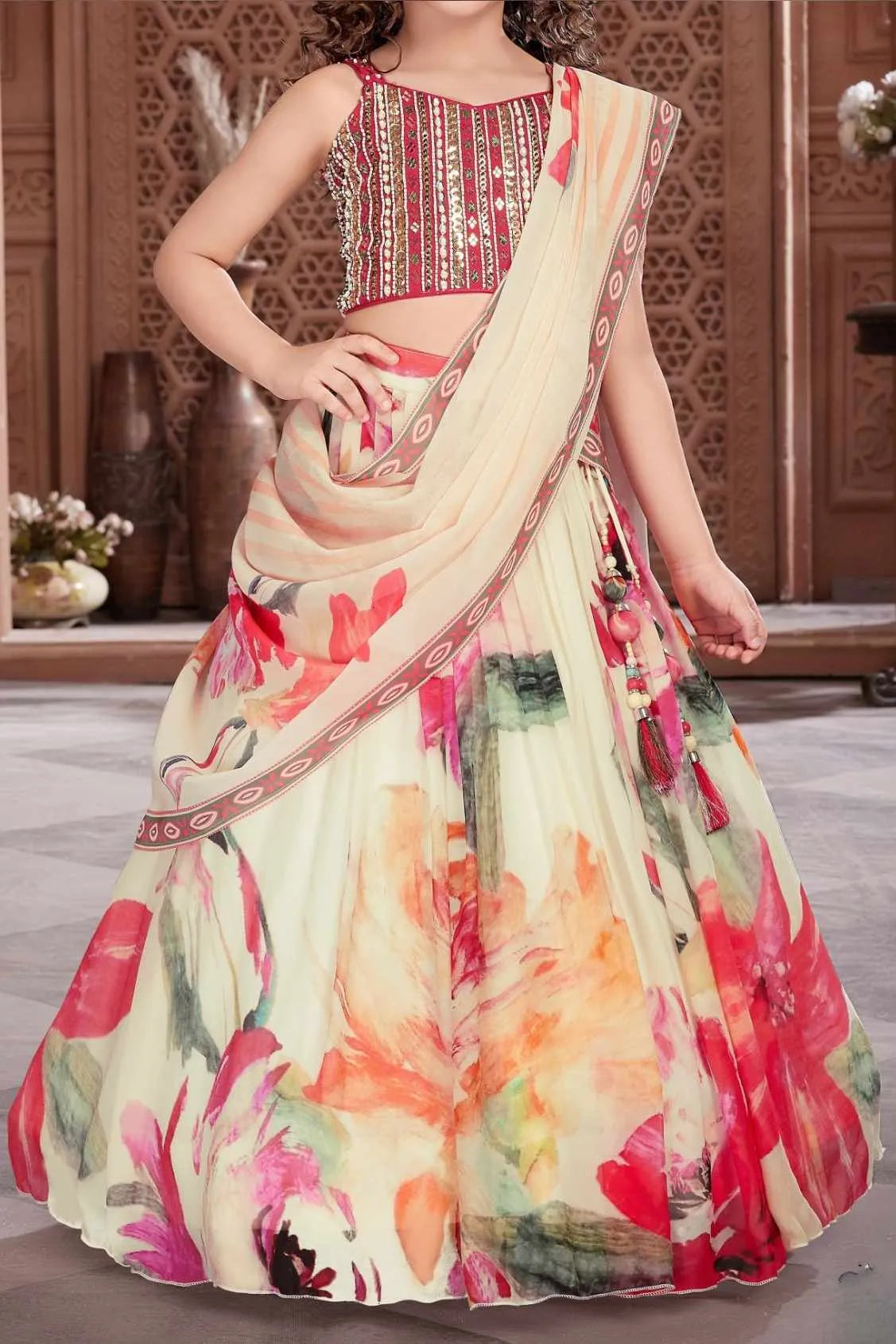 Ivory Floral Printed Lehenga Choli Set for Girls