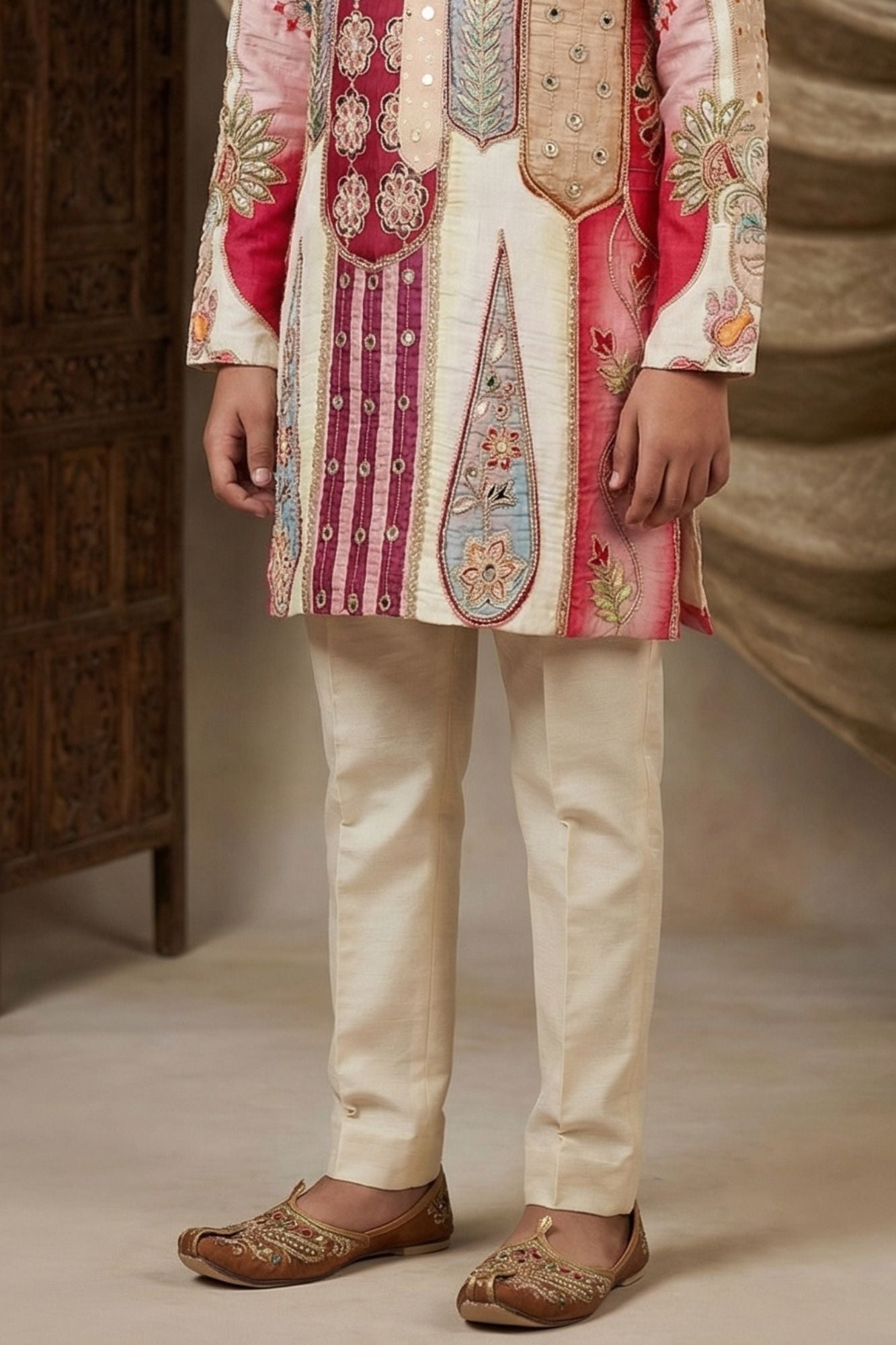 Ivory Mirror Embroidered Kurta Set With Pajama For Boys