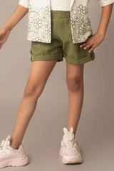 Olive Green Top And Shorts Casual Wear Set With Floral Embroidered Overcoat For Girls