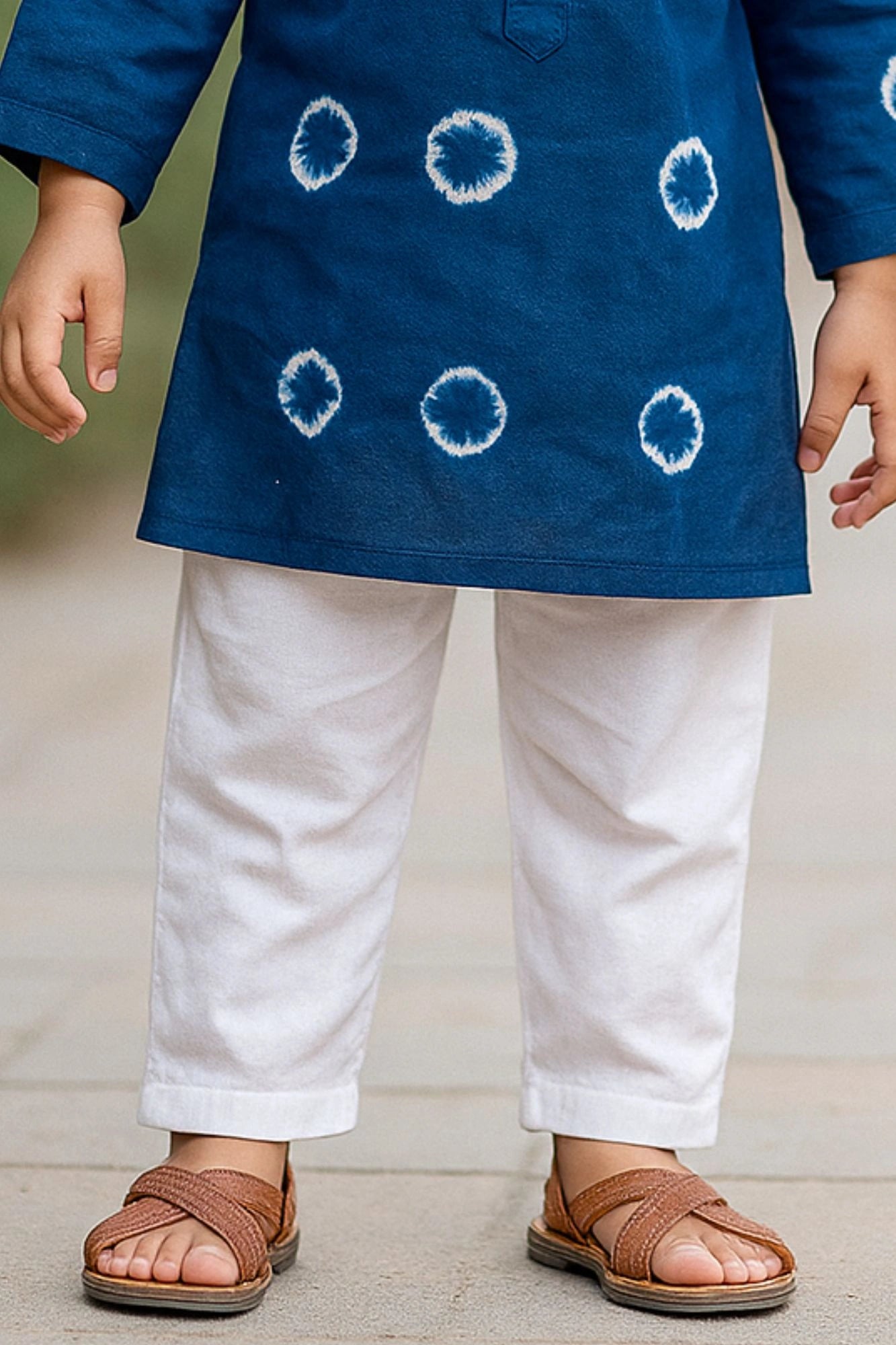 Classic Navy Blue Bandhini Printed Kurta with White Pajama Set For Boys
