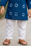 Classic Navy Blue Bandhini Printed Kurta with White Pajama Set For Boys