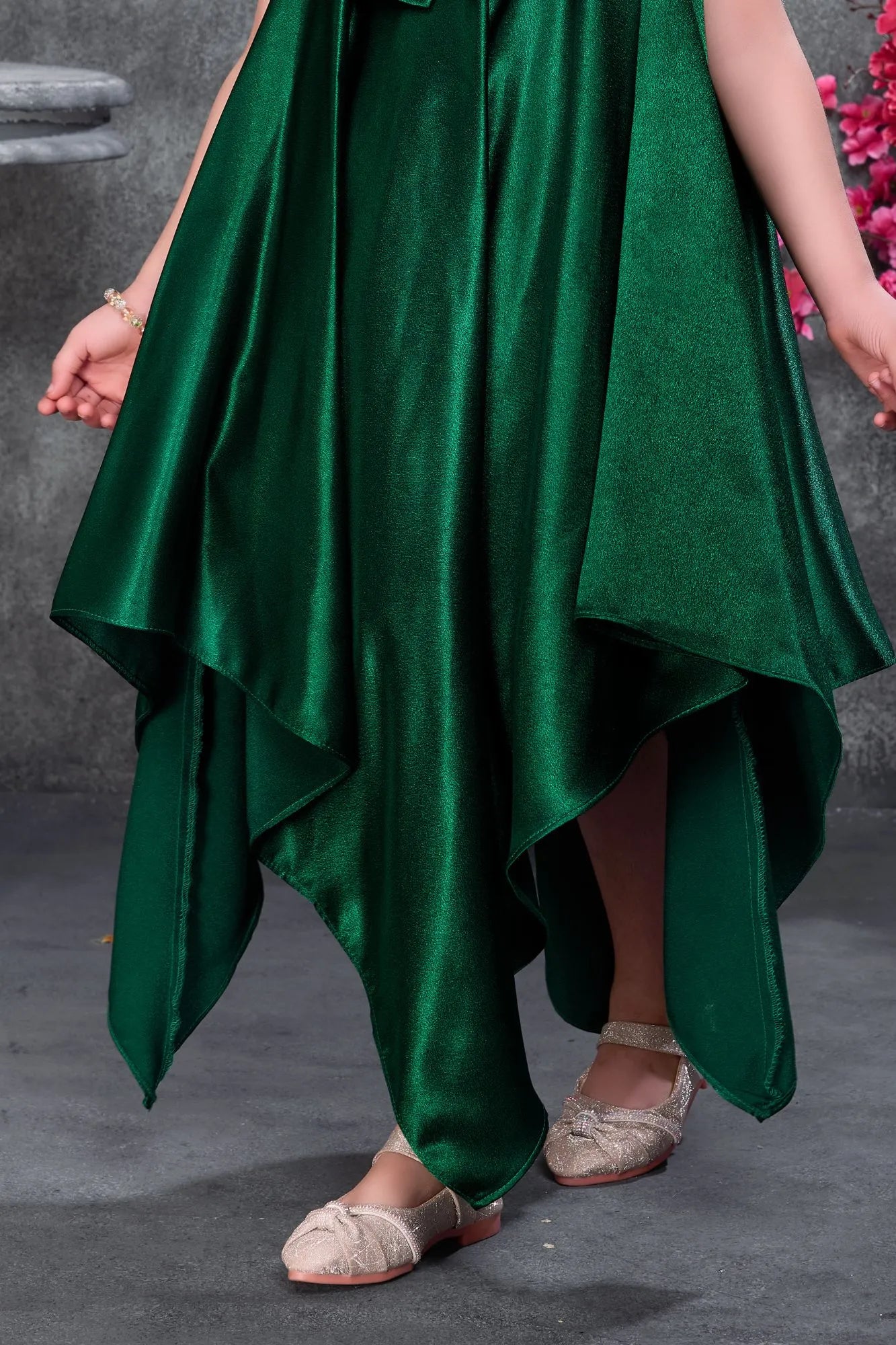 Emerald Green Party Wear High-Low Frock with Bow Detail For Girls