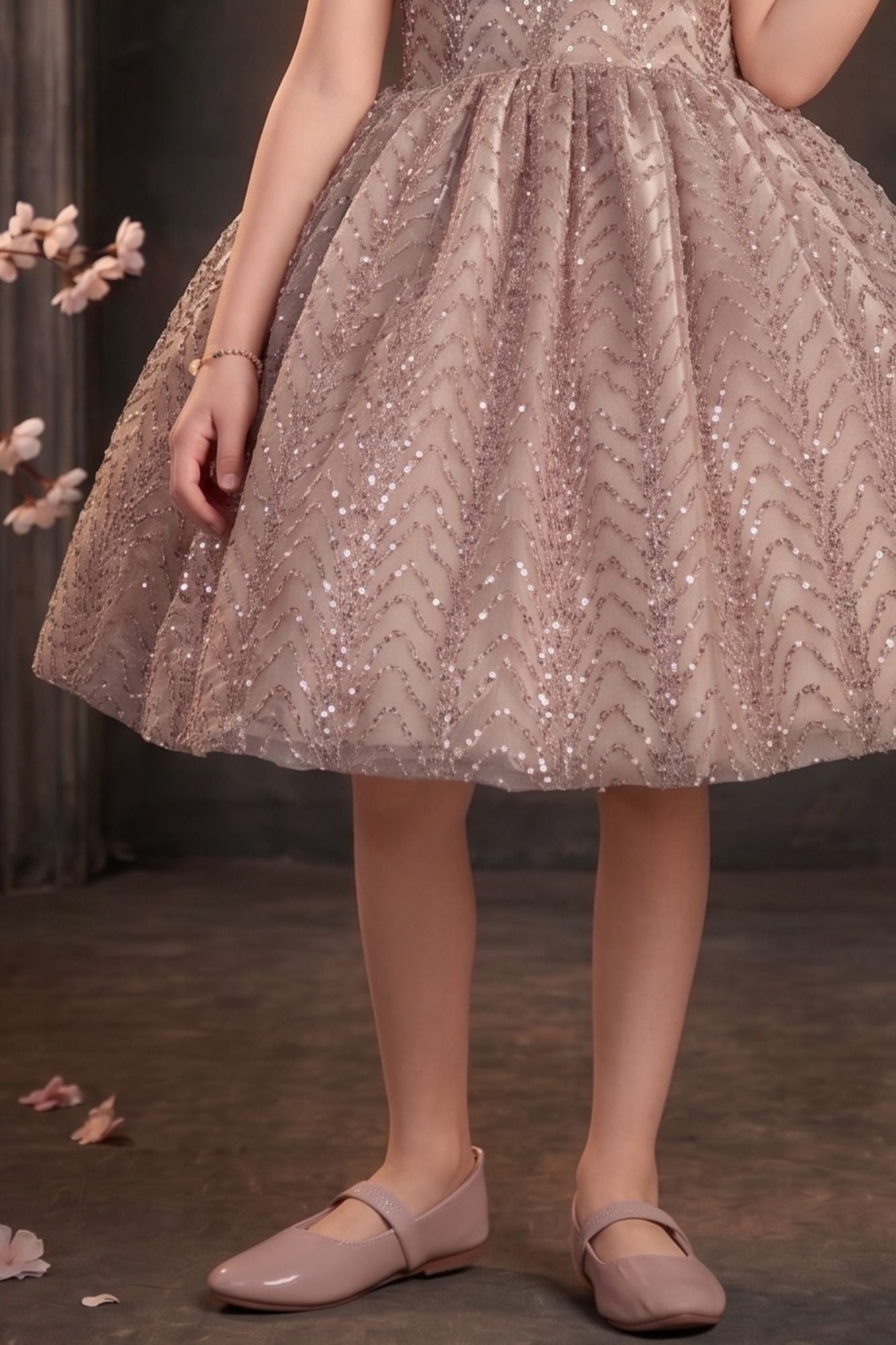 Girls Fawn Party Wear Frock with 3D Floral Bow And Sequin Detailing