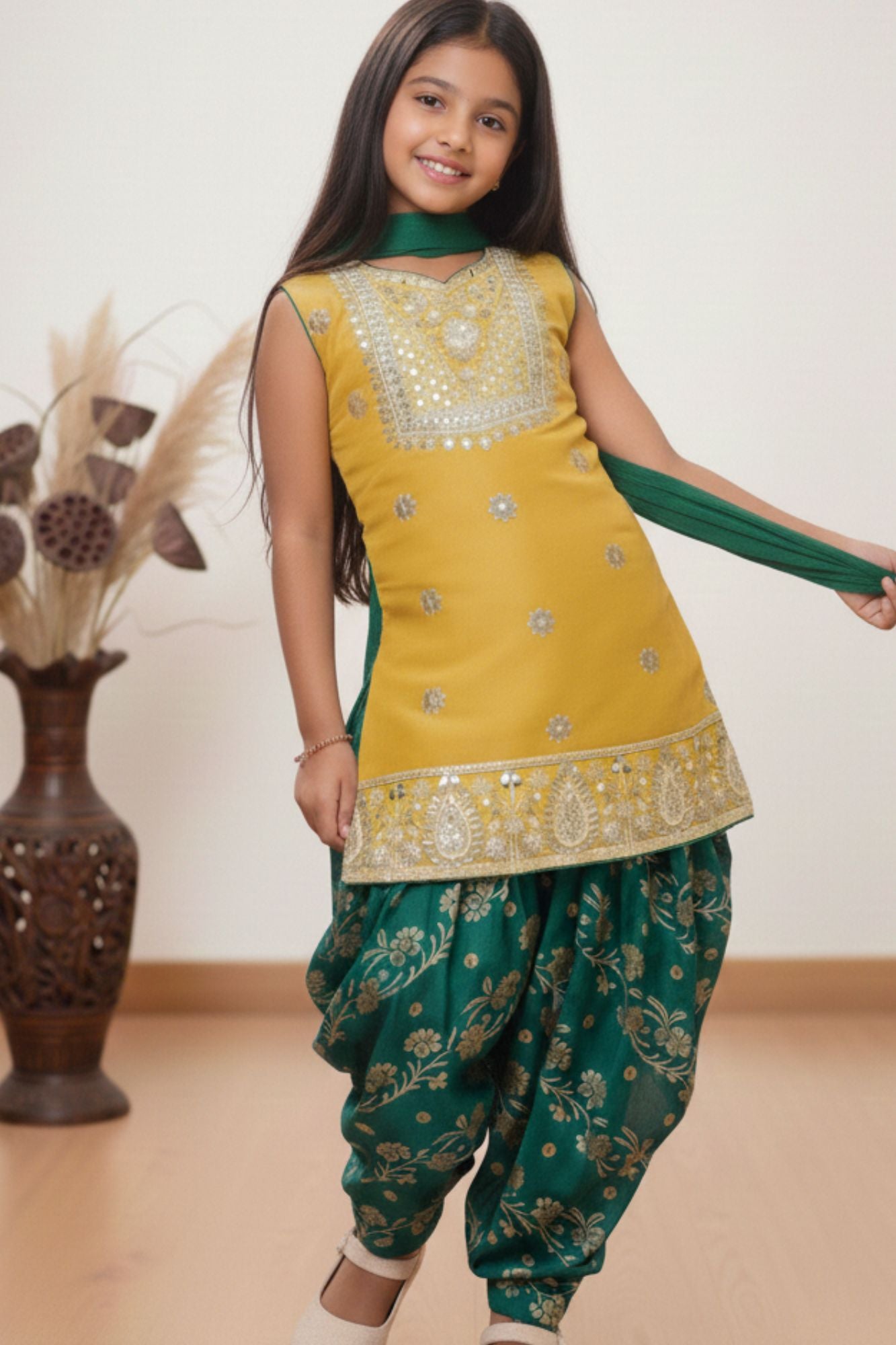 Mustard Sleeveless Kurti with Foil-Print Green Patiala And Dupatta For Girls