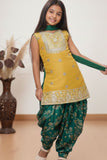 Mustard Sleeveless Kurti with Foil-Print Green Patiala And Dupatta For Girls