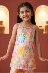 Girls Peach Floral Printed Sharara Set with Spaghetti Strap Top