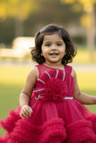 Pink Party Frock with Ruffled Layers and Statement Bow and Tailback For Girls