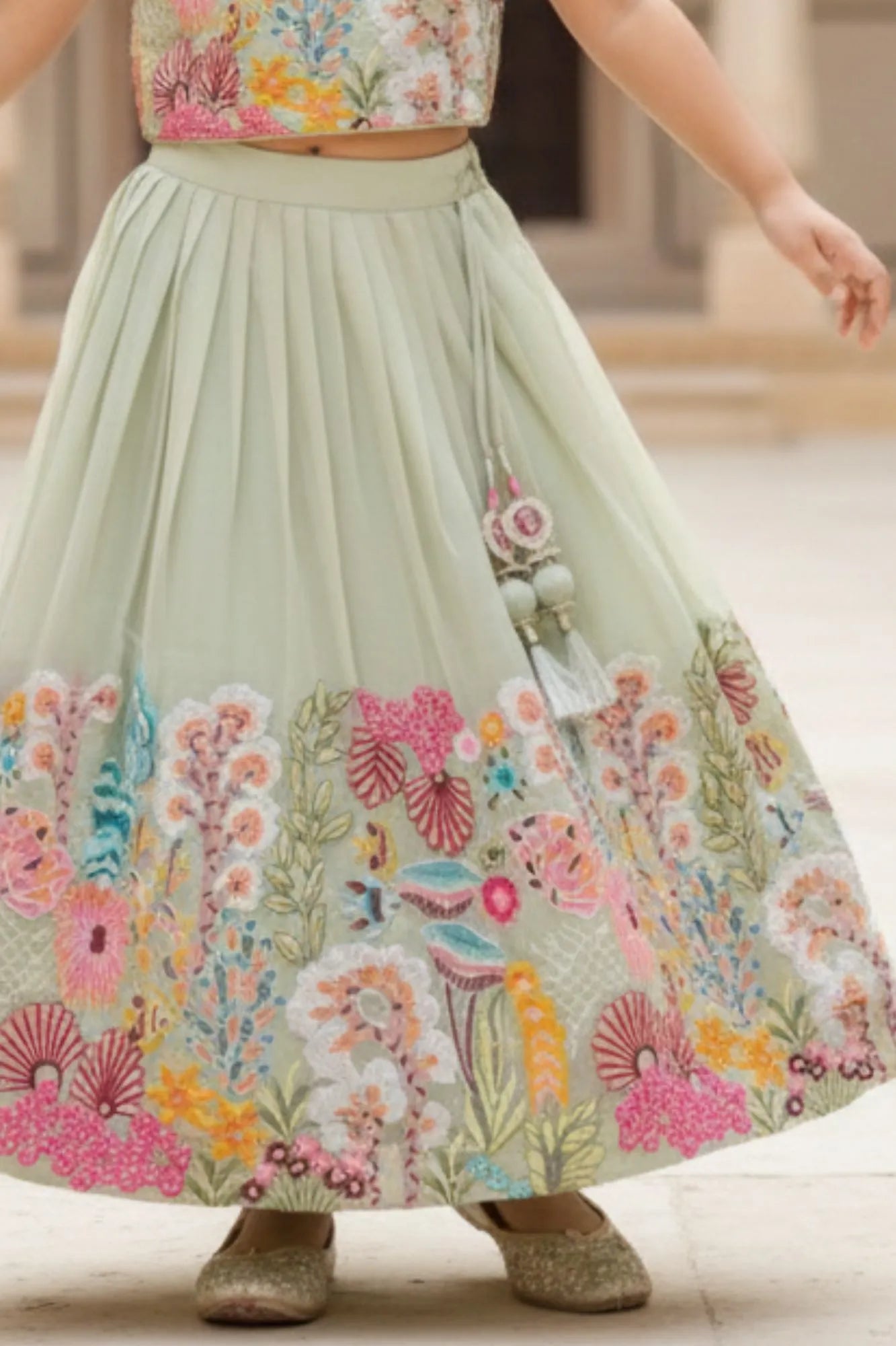 Pista Floral Embroidered Lehenga Choli For Girls