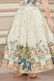 Cream Sleeveless Choli And Lehenga Set With Elephant Motifs Zari Embroidery For Girls
