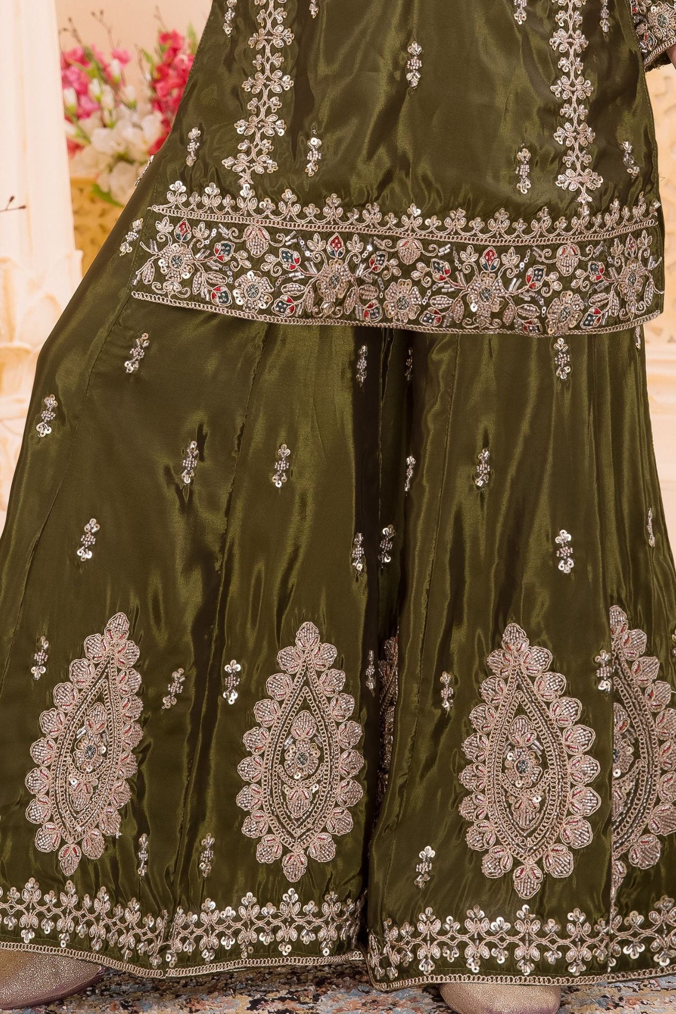 Olive Green Embroidered Palazzo Set for Girls