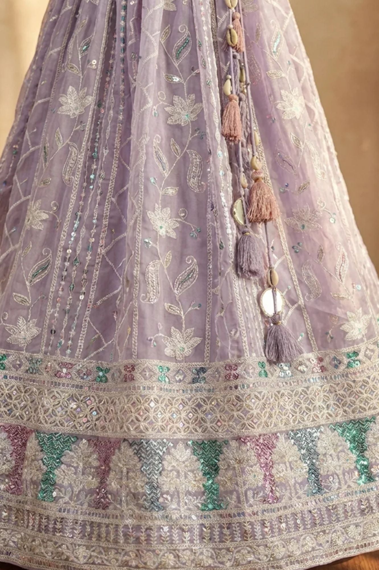 Lavender Embroidered Ethnic Gown with Tassel Detailing for Girls