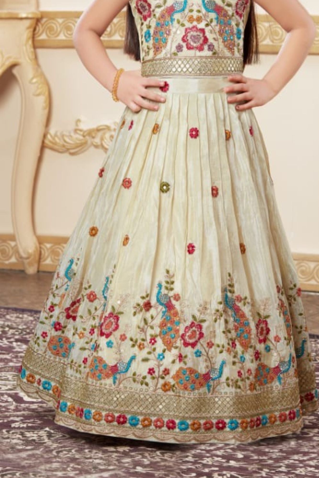 Cream Embroidered Lehenga Choli with Regal Peacock Motifs For Girls