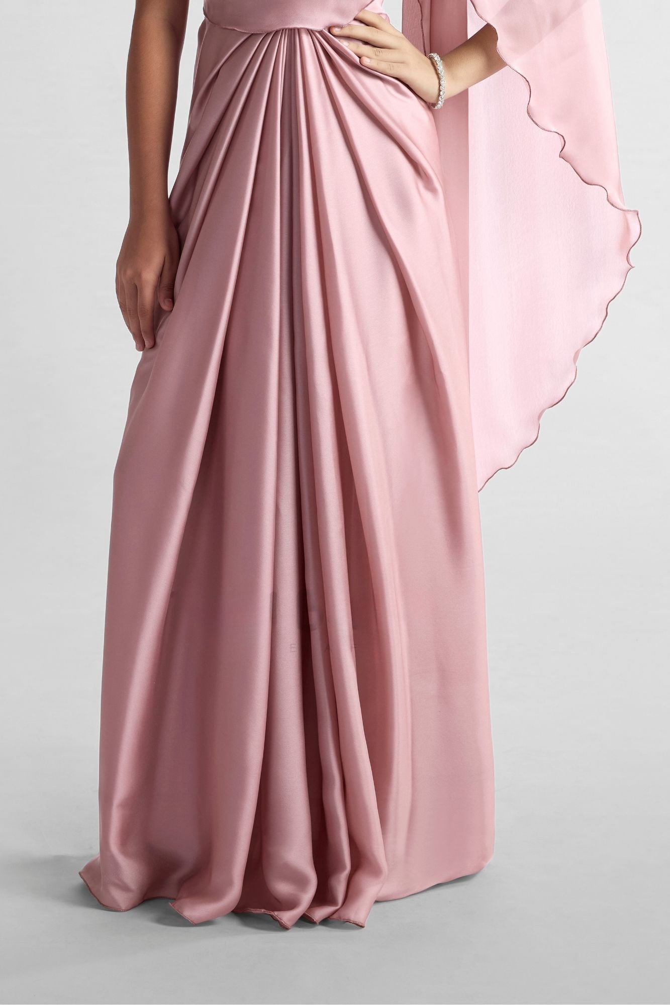 Light Pink Pre-Draped Saree Gown with Embellished Strap For Girls