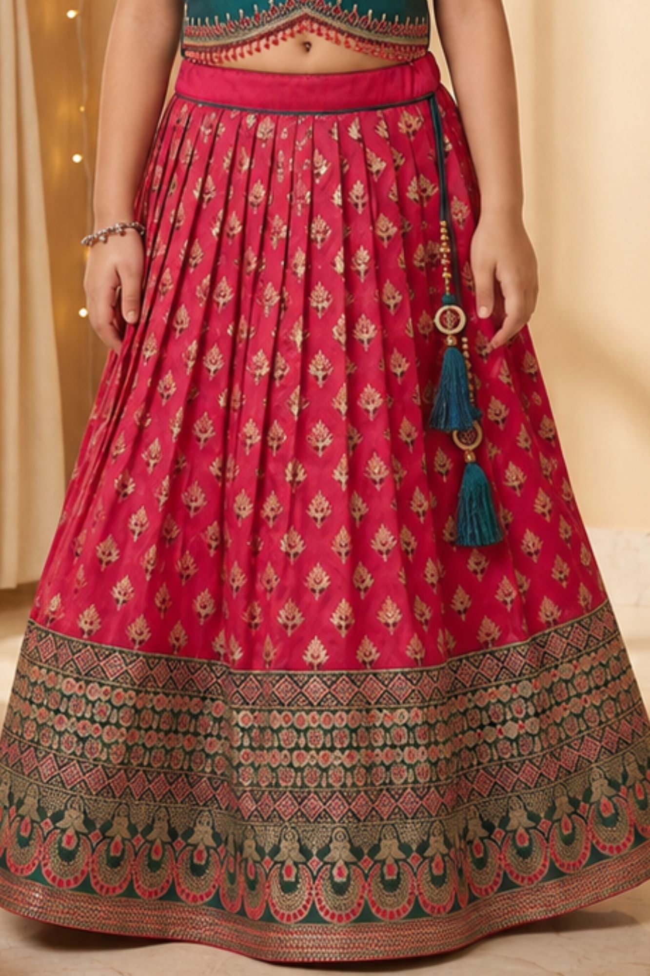 Girls Teal Green and Rani Pink Pattu Pavadai Set