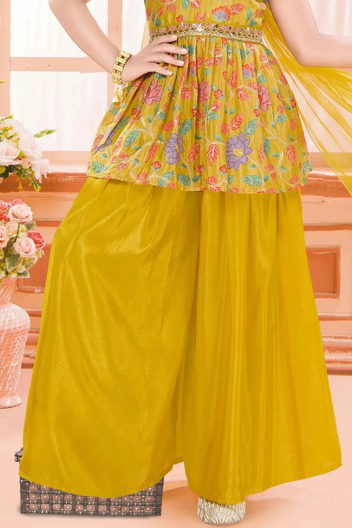Mustard Yellow Palazzo Set With Embroidered Peplum Top For Girls