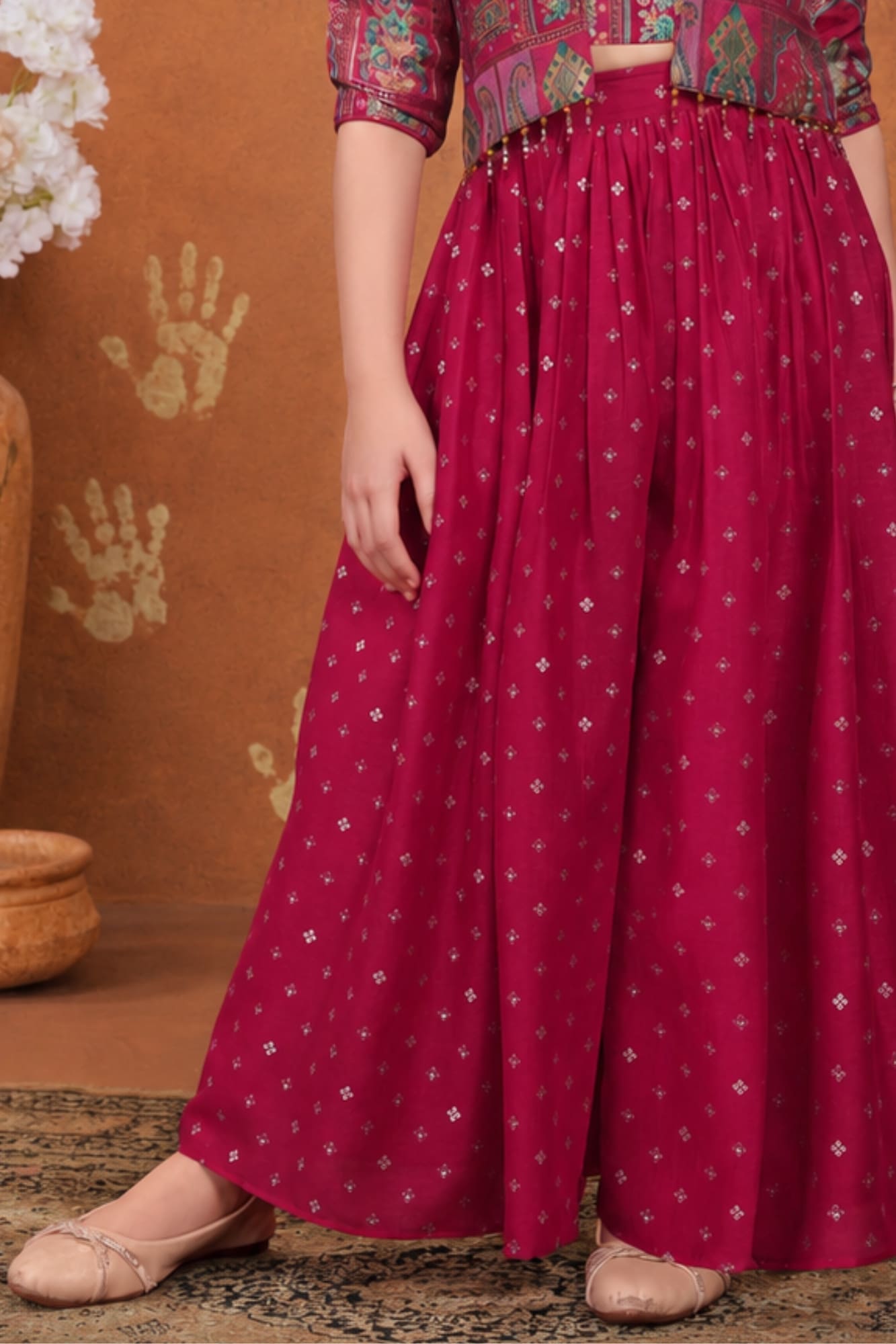 Girls Rani Pink Printed Palazzo Set with Jacket and Palazzo Pants