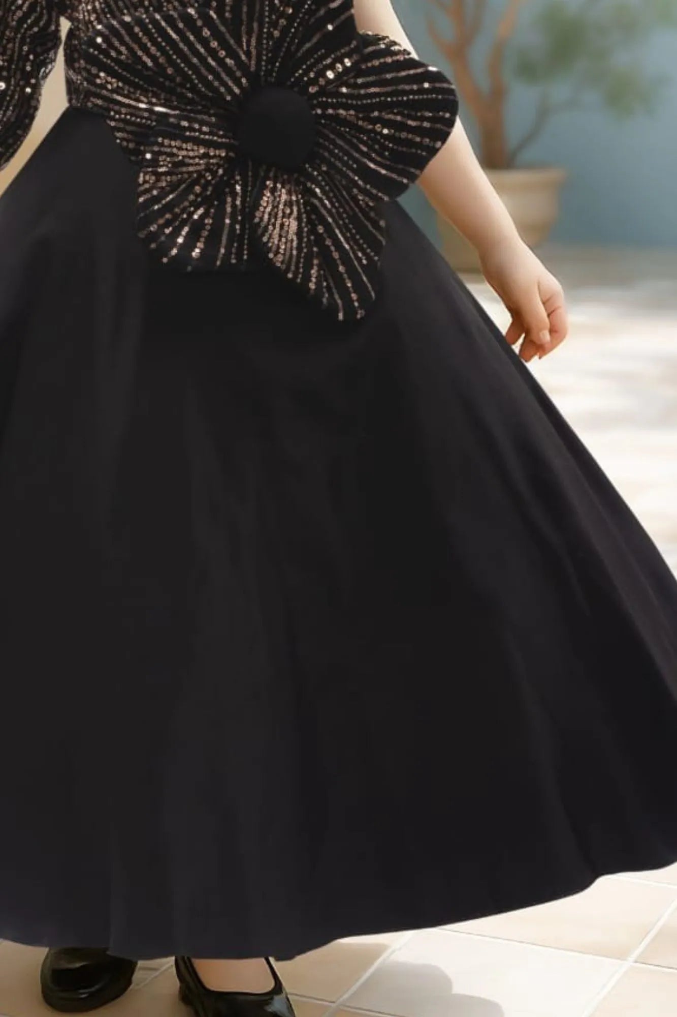 Black One-Shoulder Flower Appliqué Gown for Girls